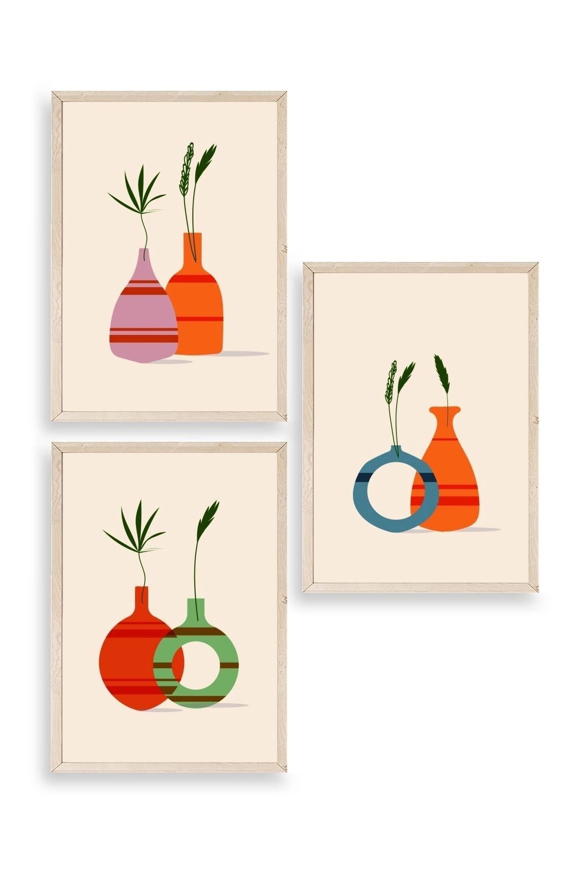 Çiçek Desenli Üçlü Ahşap Çerçeveli Tablo 23 x 30