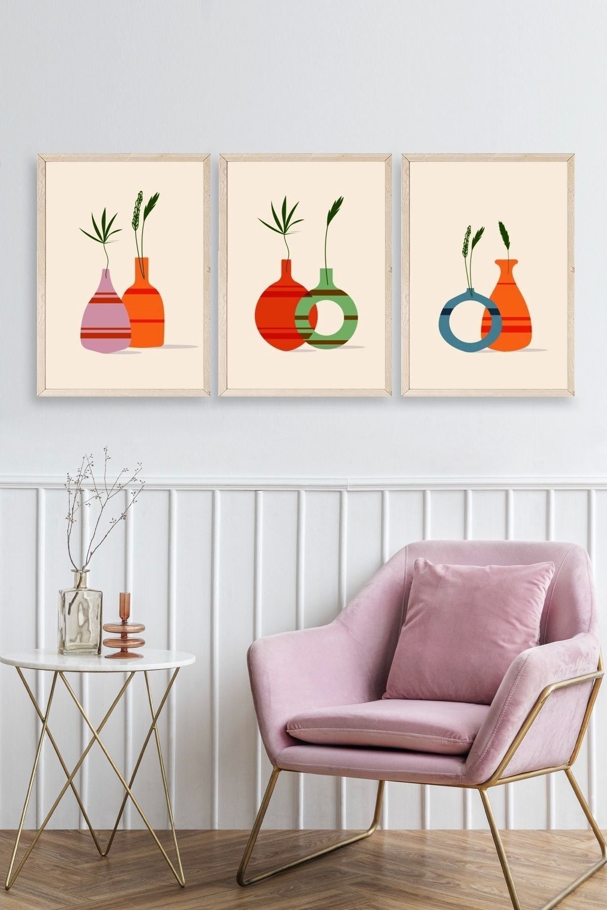 Çiçek Desenli Üçlü Ahşap Çerçeveli Tablo 23 x 30