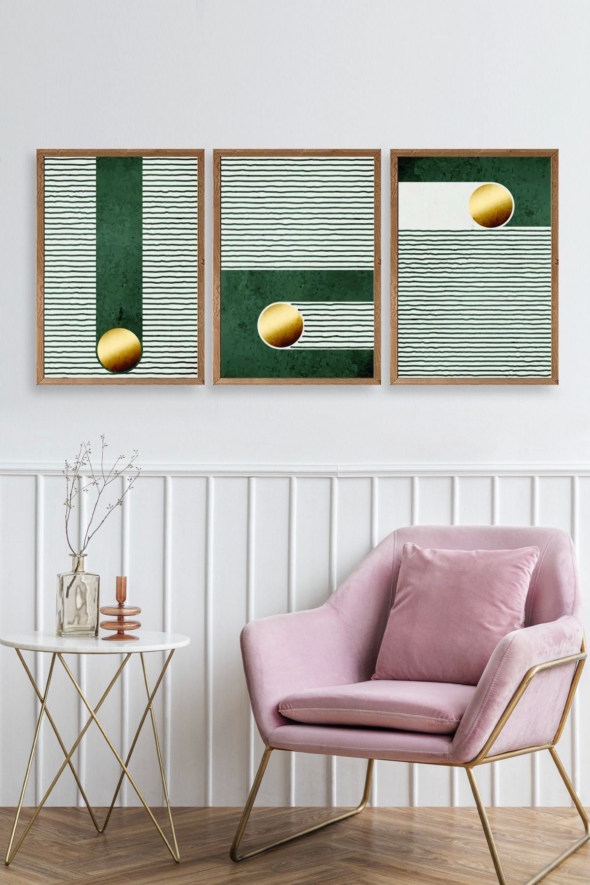 Yuvarlak Top Desenli Üçlü Ahşap Çerçeveli Tablo 17 x 23