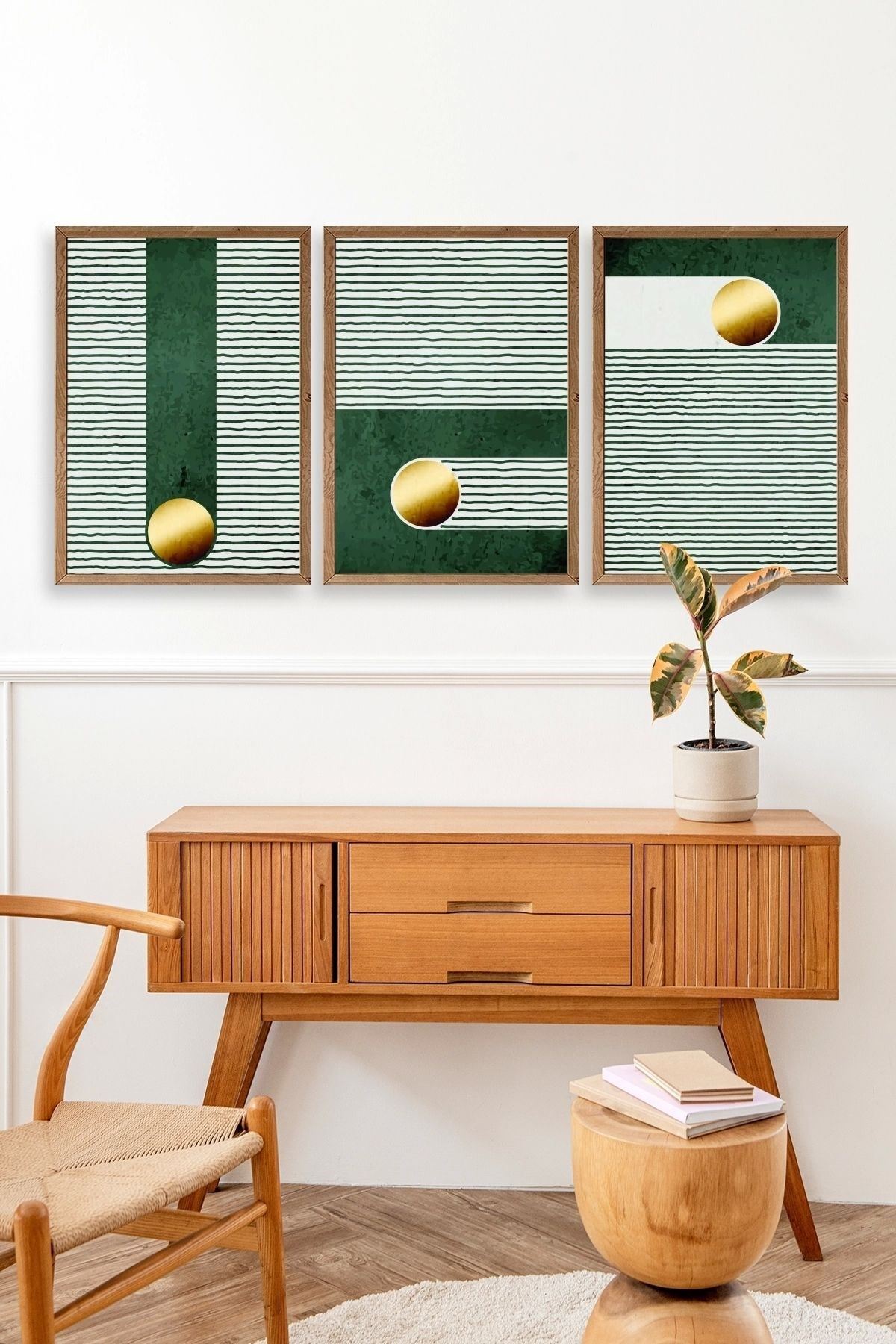 Yuvarlak Top Desenli Üçlü Ahşap Çerçeveli Tablo 50 x 70