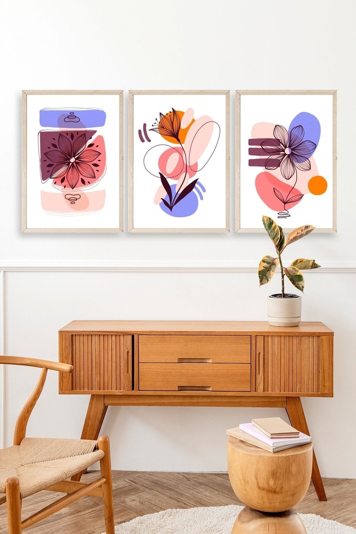 Çiçek Desenli Üçlü Ahşap Çerçeveli Tablo 17 x 23