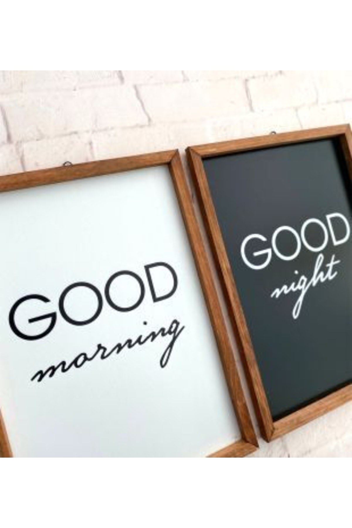 Yatak Odası Good Morning Good Night Ahşap Çerçeve Set 30 x 42