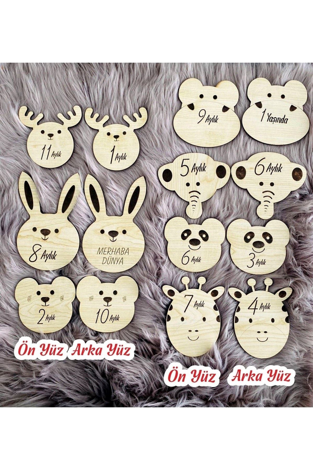 Sevimli Hayvanlar Ahşap Çift Taraflı Aylık Bebek Kartlar