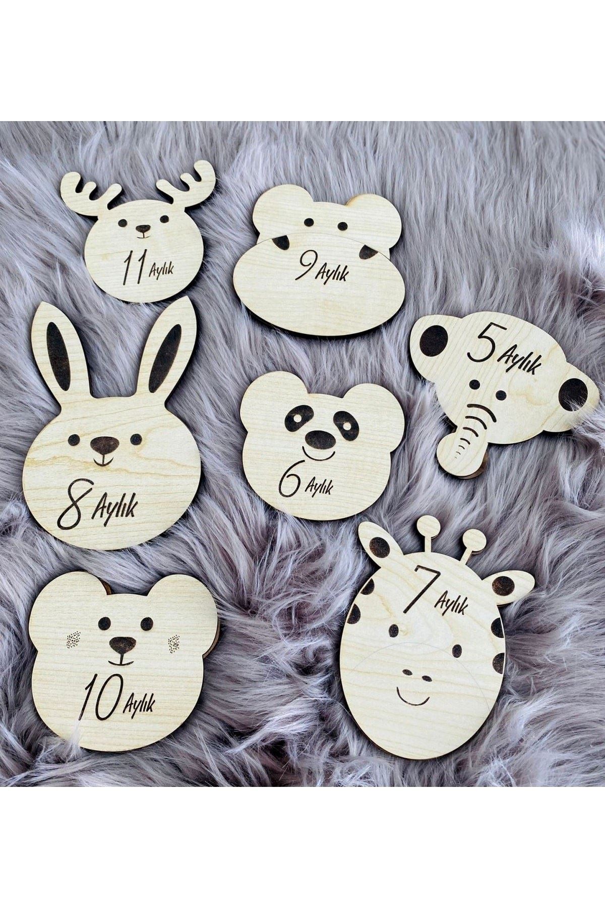 Sevimli Hayvanlar Ahşap Çift Taraflı Aylık Bebek Kartlar