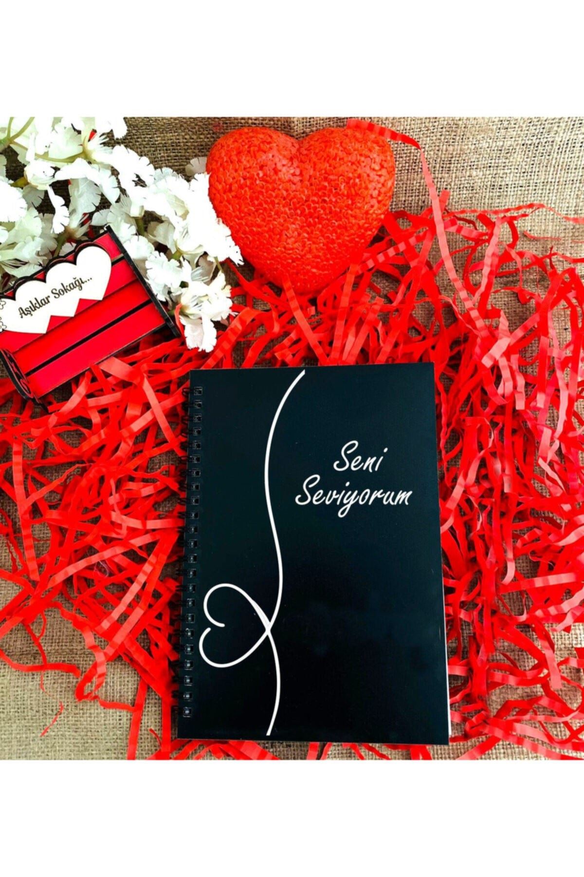 Sevgililer Günü Seni Seviyorum Yazılı Ahşap Defter -siyah