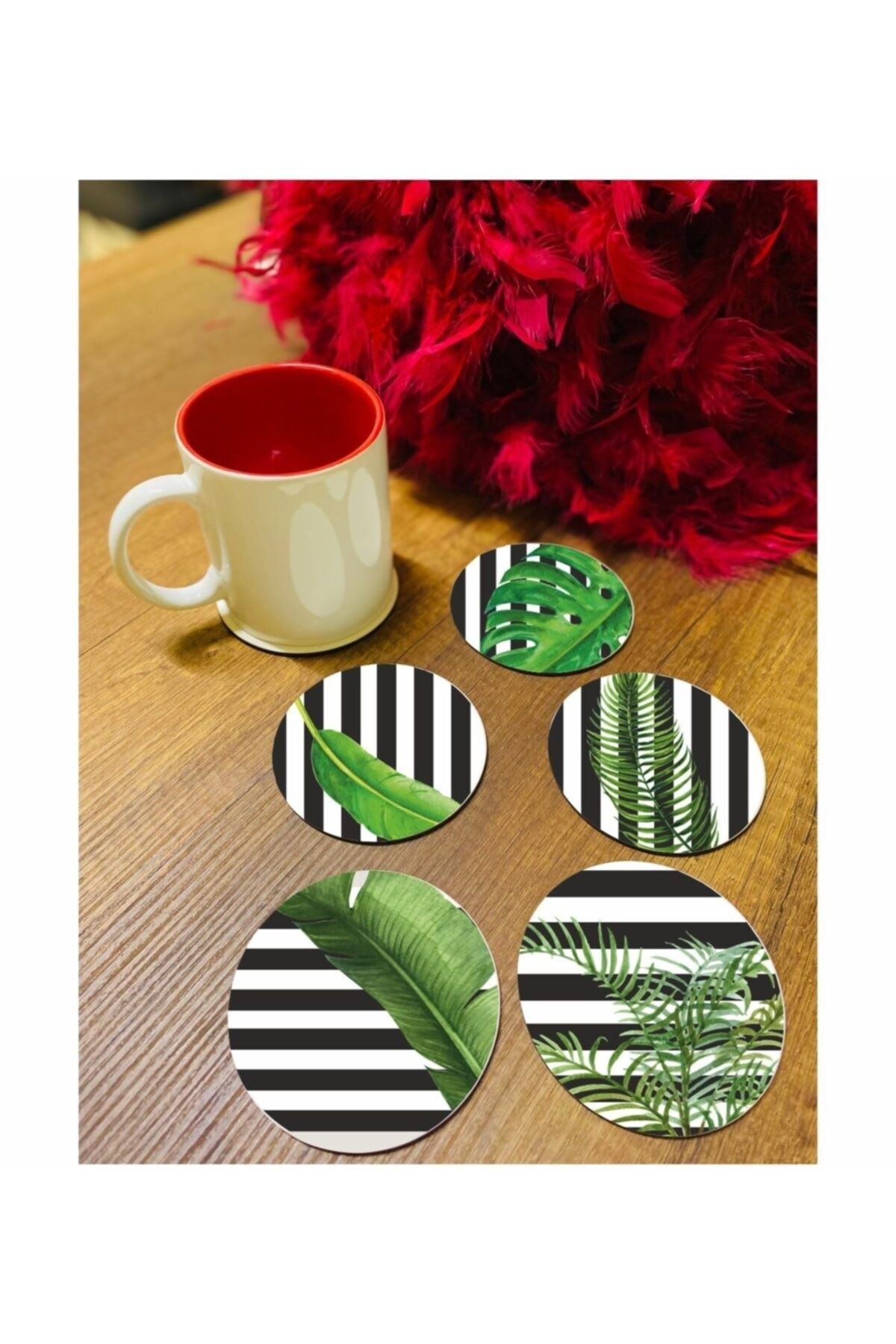 6 Parça Yeşil Yapraklı Ahşap Bardak Altlığı