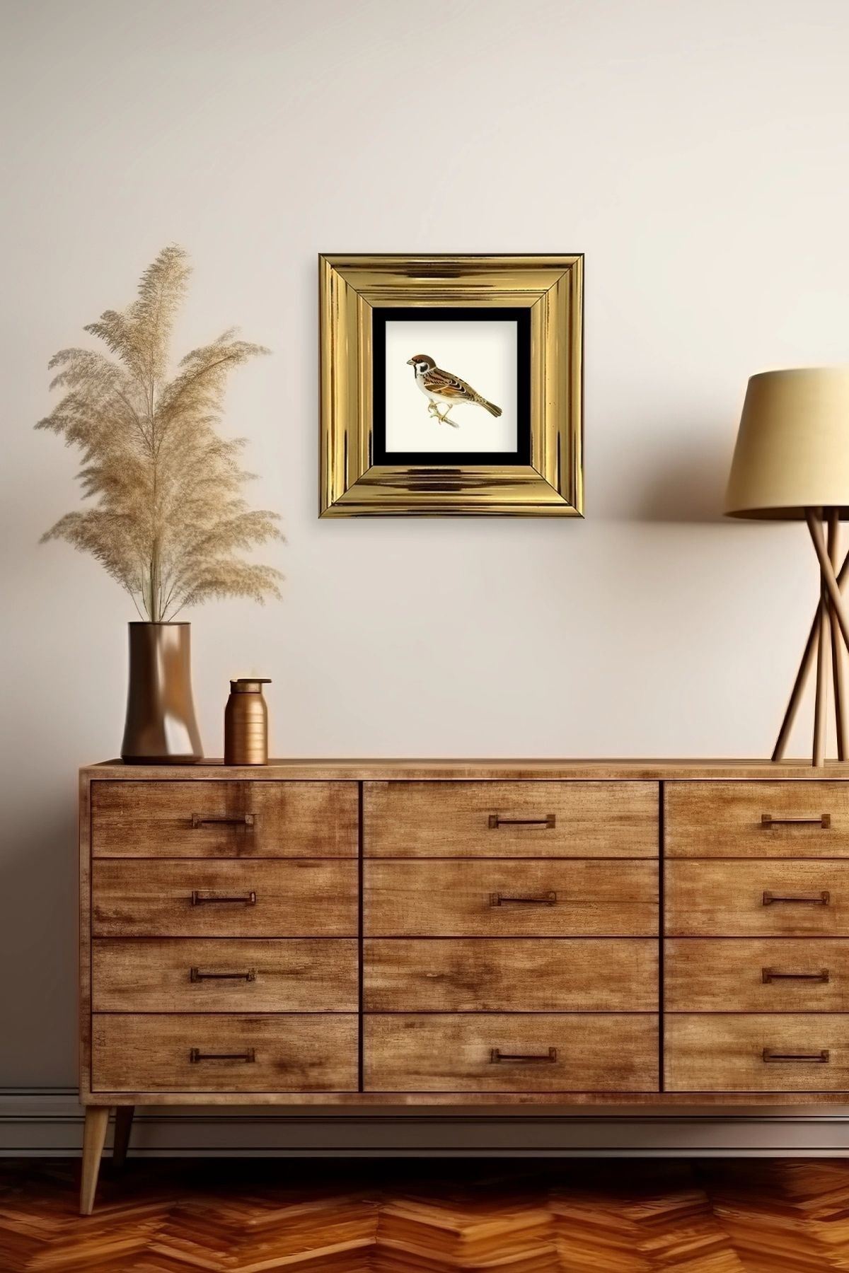 Daldaki Serçe Çerçeveli Taş Tablo 20 cm