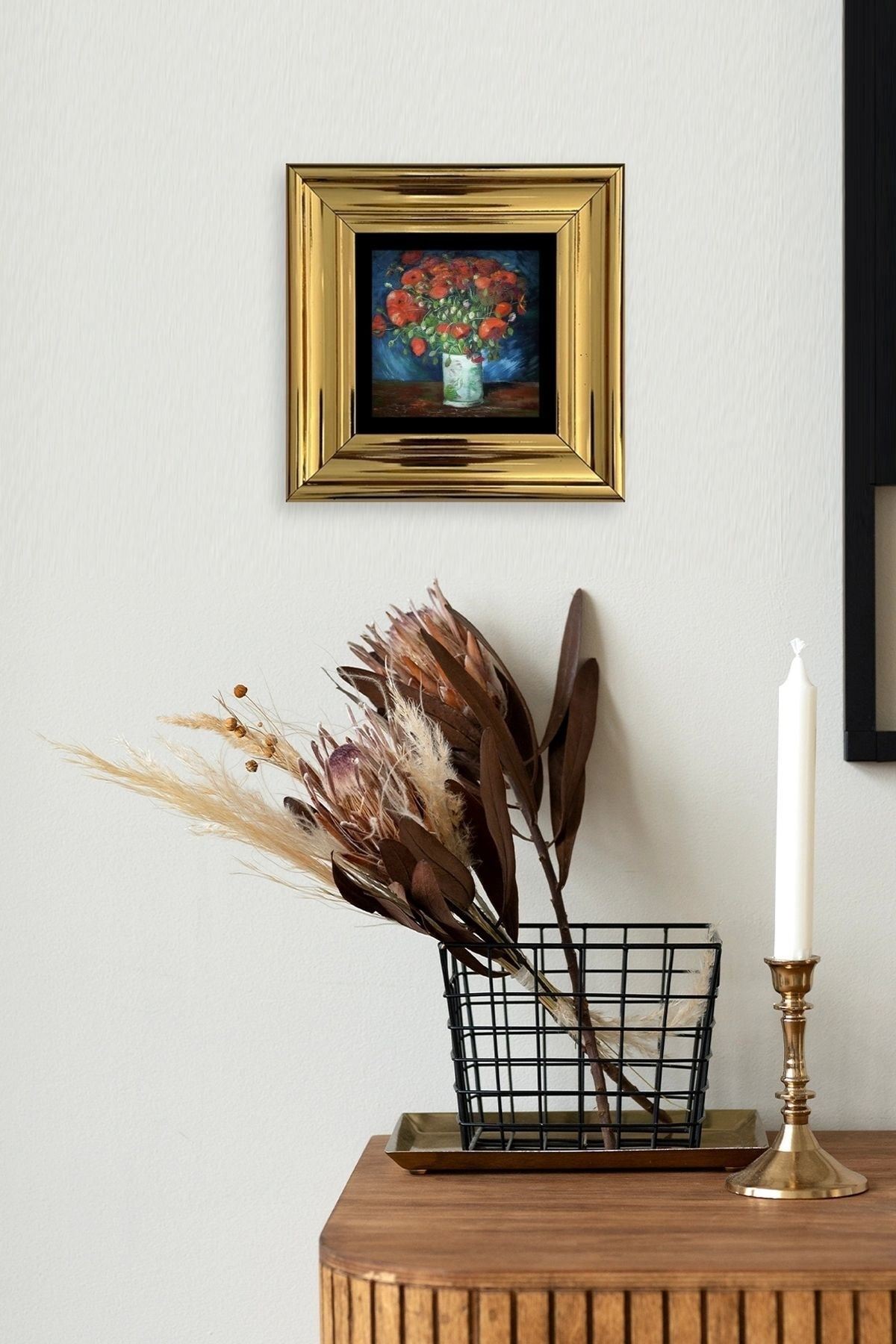 Van Gogh Çiçekli Vazo Çerçeveli Taş Tablo 20 cm