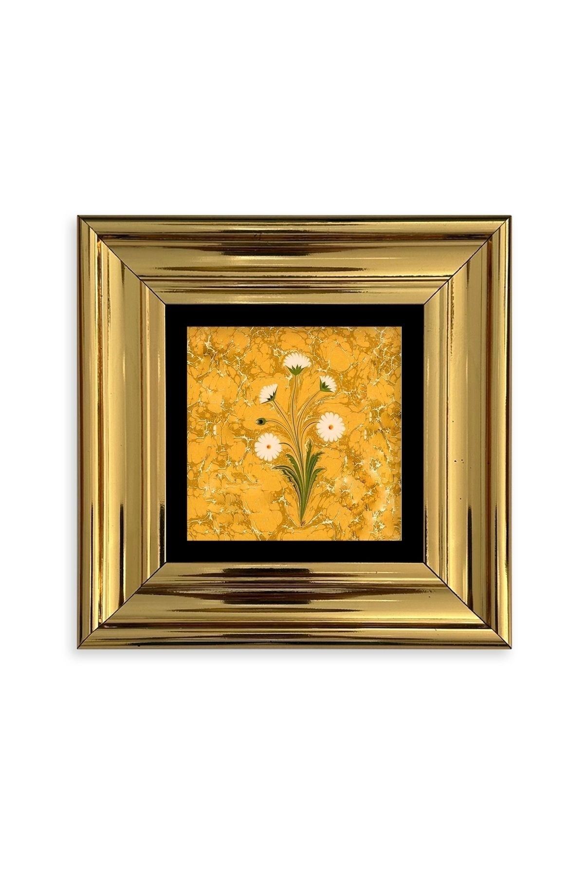 Ebru Sanatı Çiçek Çerçeveli Taş Tablo 20 cm