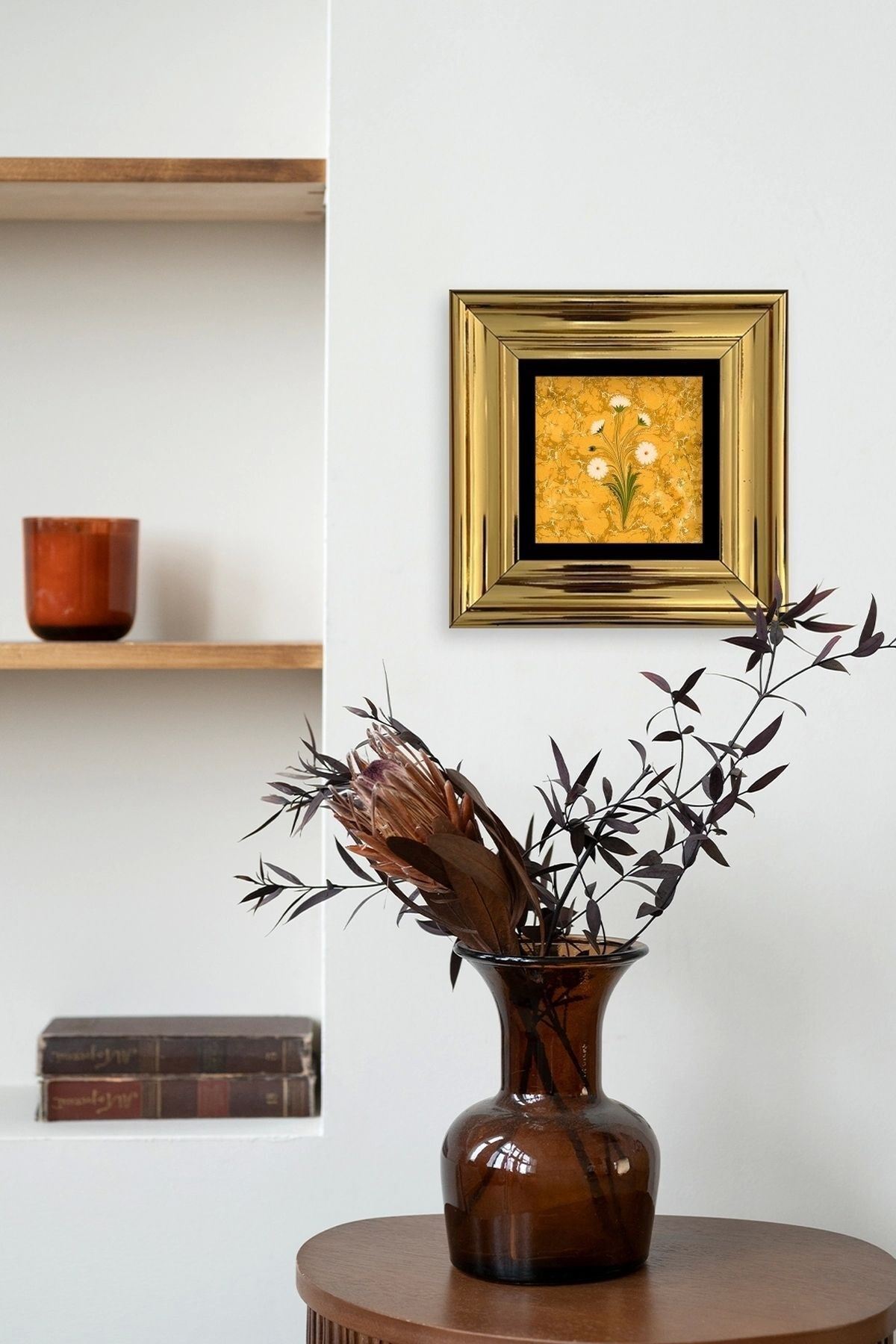 Ebru Sanatı Çiçek Çerçeveli Taş Tablo 20 cm