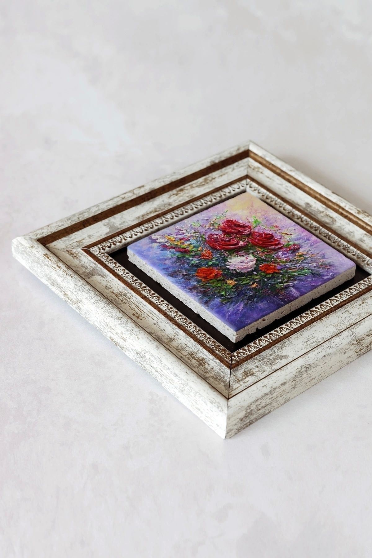Çiçek Çerçeveli Taş Tablo , Çerçeveli Taş Duvar Dekoru-enkcrcvtbl-00203 20 cm