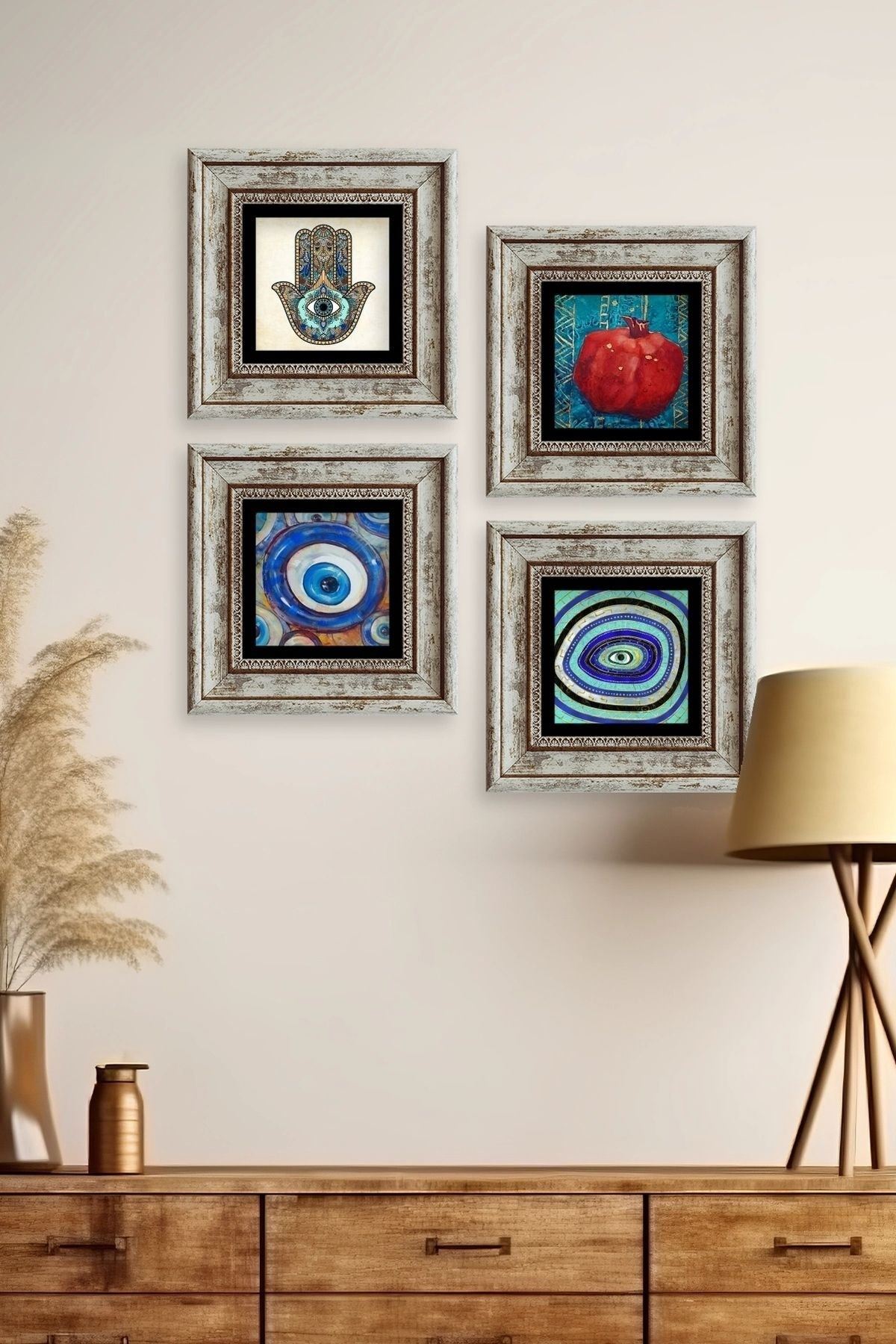 Mistik 4 lü Set Çerçeveli Taş Tablo 20 cm