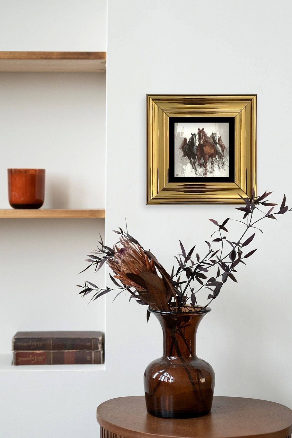 Koşan Atlar Yağlı Boya Çerçeveli Taş Tablo 20 cm