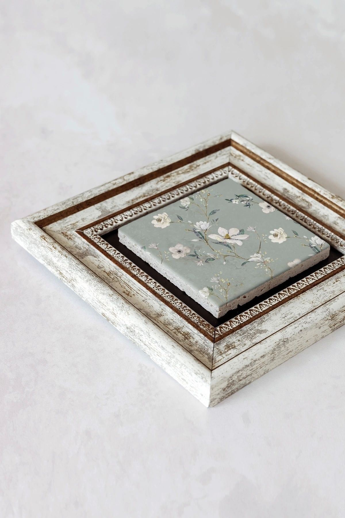 Çiçek Desenli Çerçeveli Taş Tablo , Çerçeveli Taş Duvar Dekoru-enkcrcvtbl-00183 20 cm