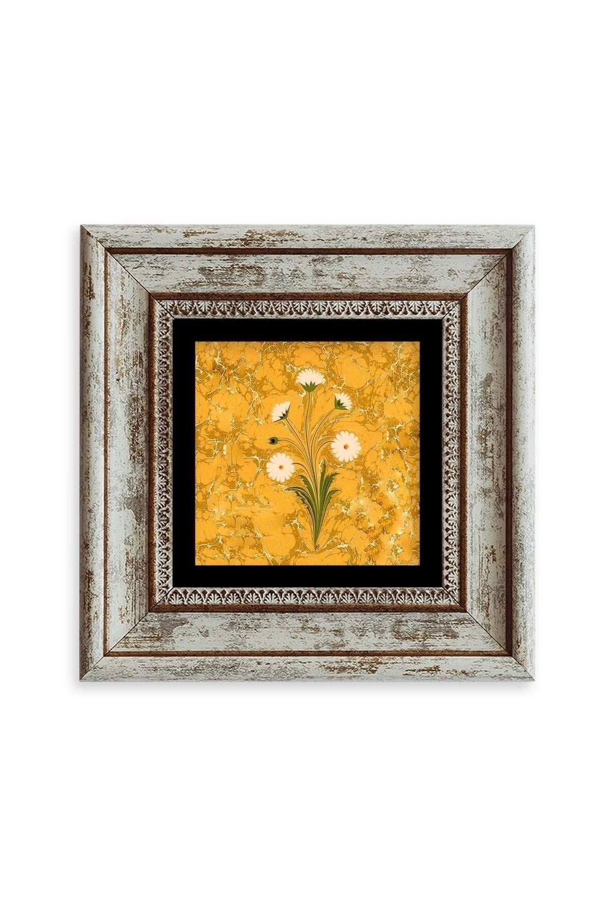 Ebru Sanatı Çiçek Çerçeveli Taş Tablo 20 cm