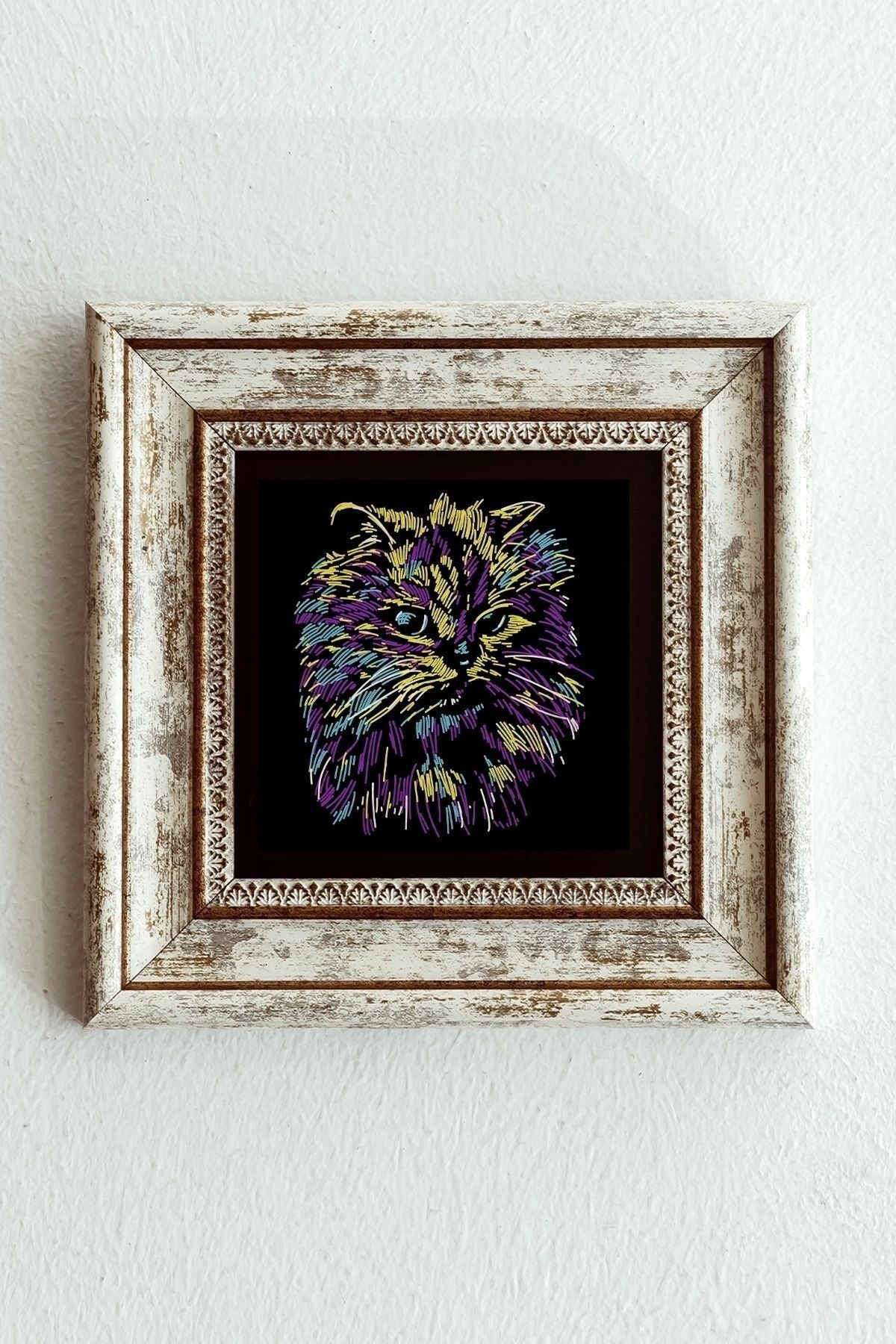 Soyut Çalışma Renkli Kedi Çerçeveli Taş Tablo , Çerçeveli Taş Duvar Dekoru-enkcrcvtbl-00100 20 cm