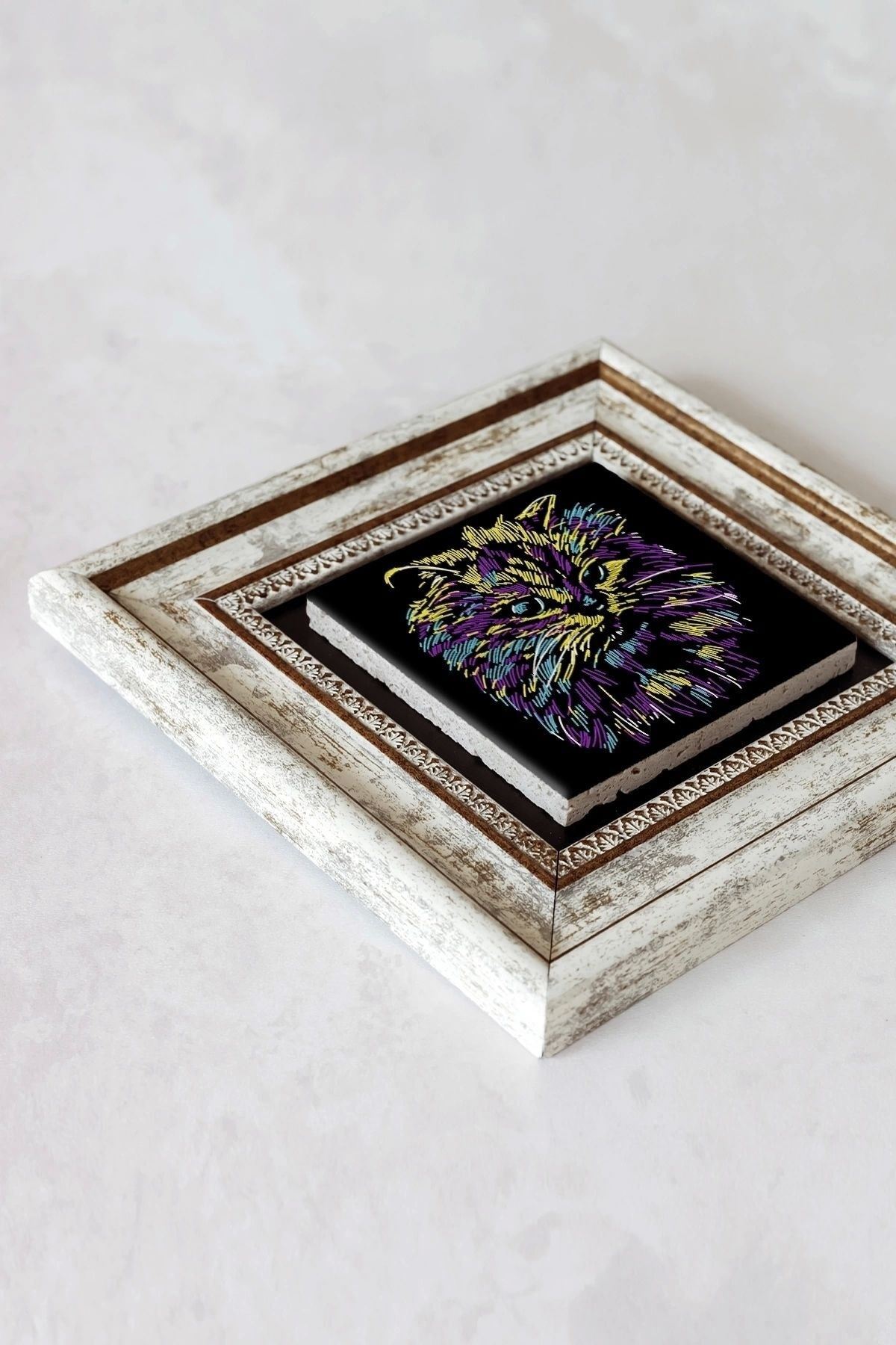 Soyut Çalışma Renkli Kedi Çerçeveli Taş Tablo , Çerçeveli Taş Duvar Dekoru-enkcrcvtbl-00100 20 cm