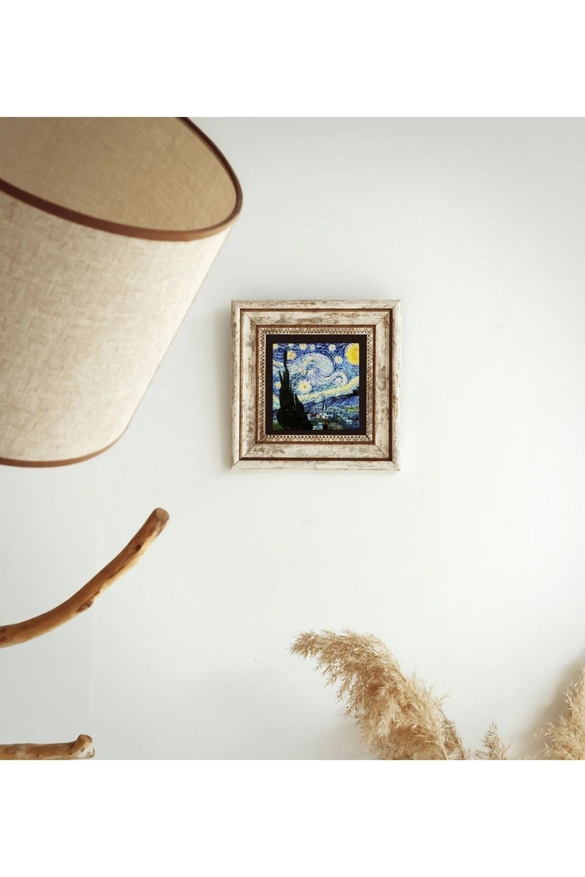 Vincent Van Gogh Starry Night Çerçeveli Taş Tablo , Çerçeveli Taş Duvar Dekoru 20 cm