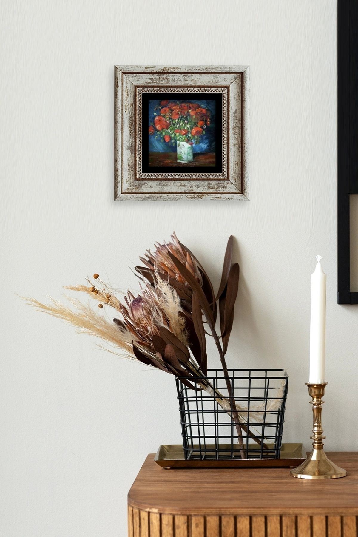 Çiçekli Vazo Çerçeveli Taş Tablo 20 cm