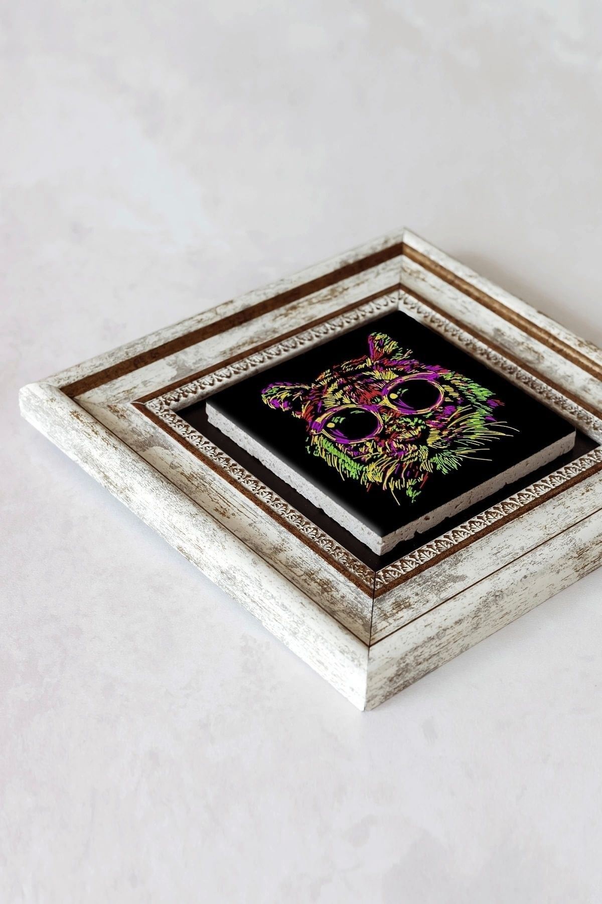 Soyut Çalışma Renkli Kedi Çerçeveli Taş Tablo , Çerçeveli Taş Duvar Dekoru - Enkcrcvtbl-00098 20 cm