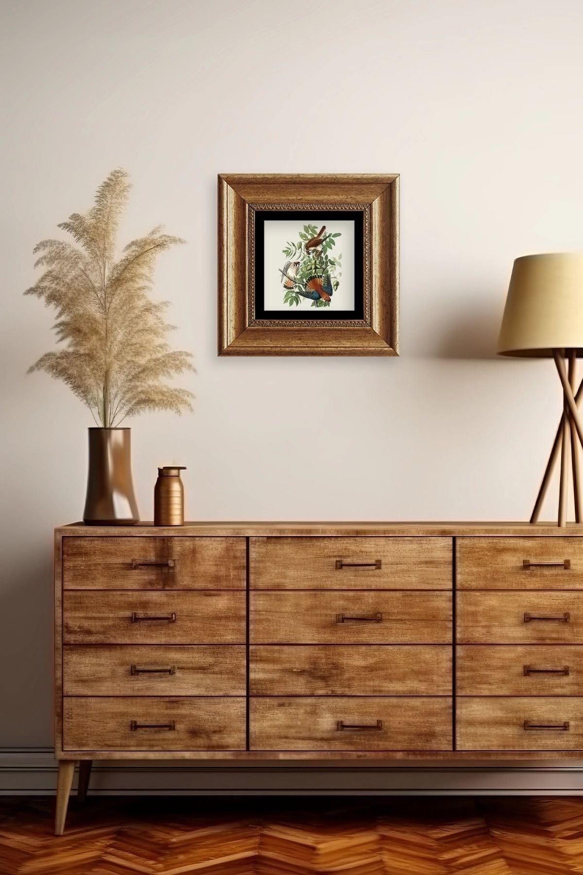 Kuş ve Yapraklar Çerçeveli Taş Tablo 20 cm