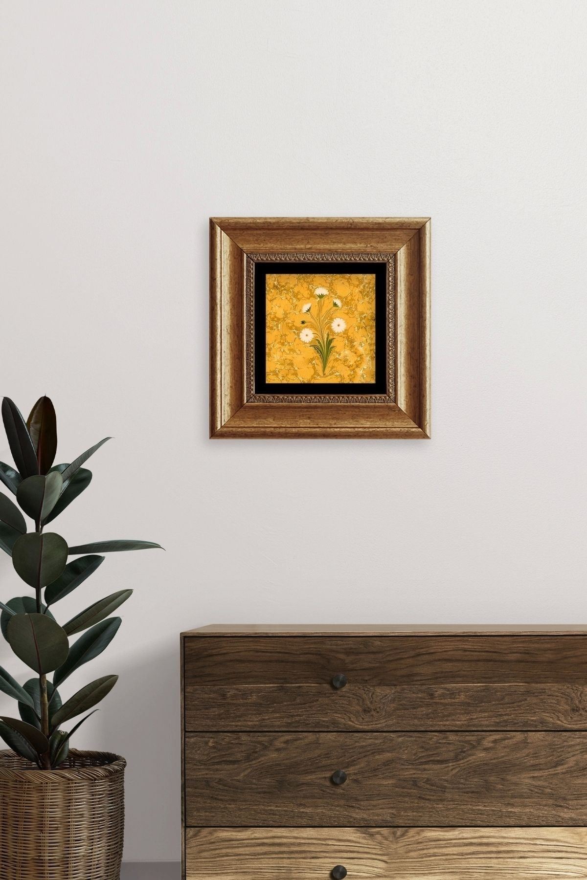 Ebru Sanatı Çiçek Çerçeveli Taş Tablo 20 cm