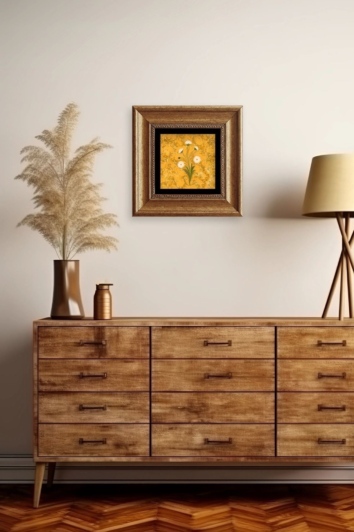 Ebru Sanatı Çiçek Çerçeveli Taş Tablo 20 cm