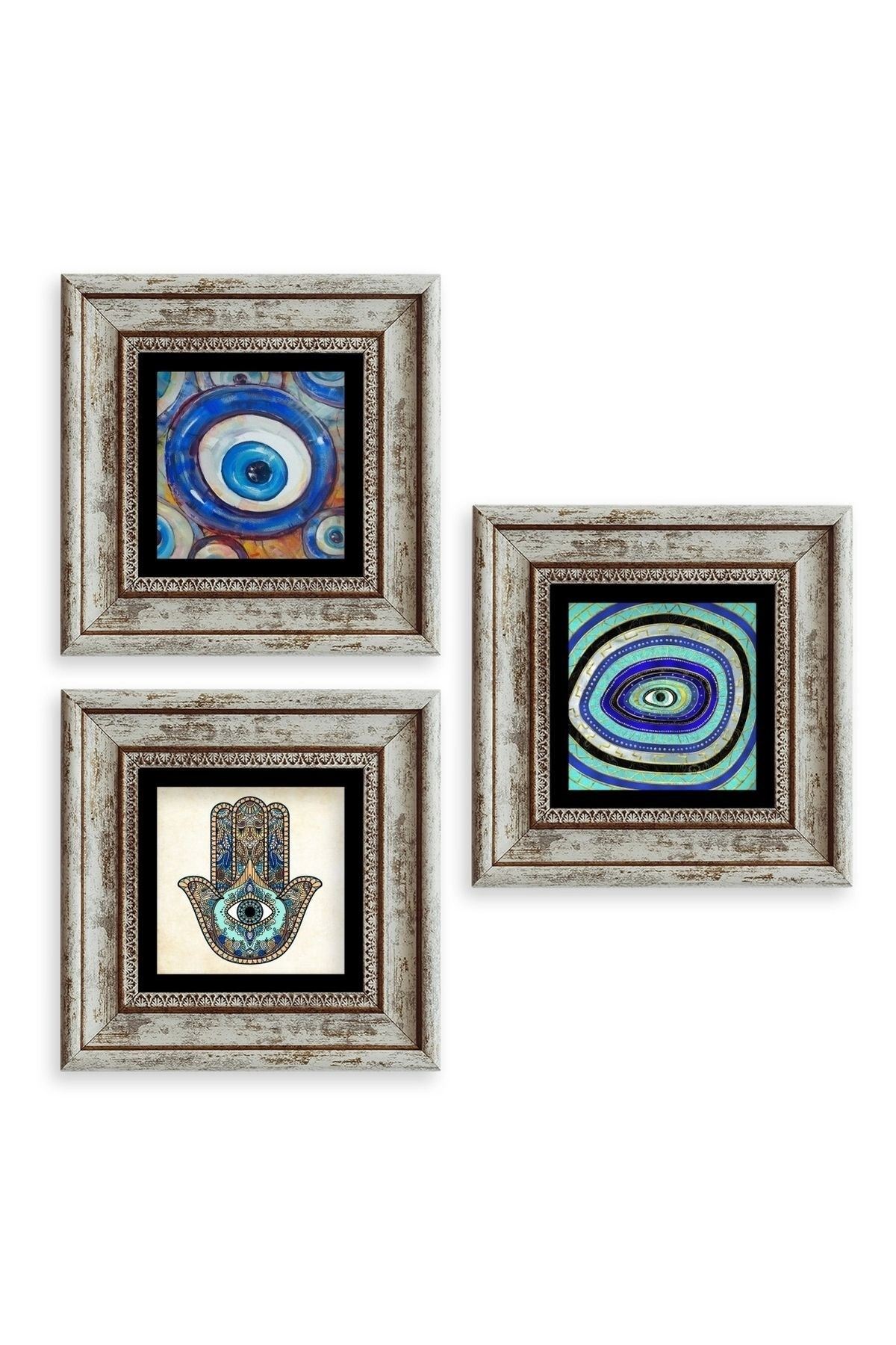 Nazar 3 lü Set Çerçeveli Taş Tablo 20 cm