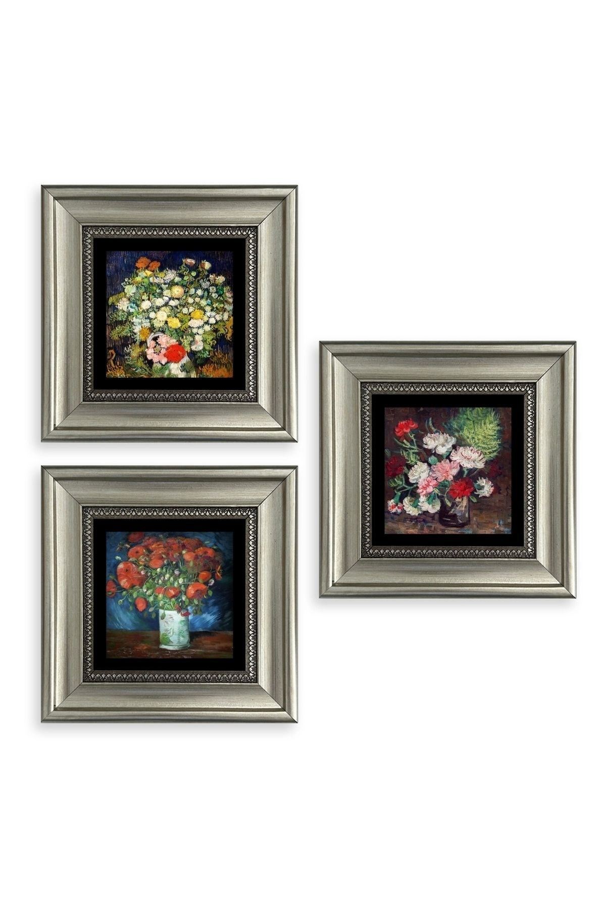 Çiçekler 3 lü Set Çerçeveli Taş Tablo 20 cm