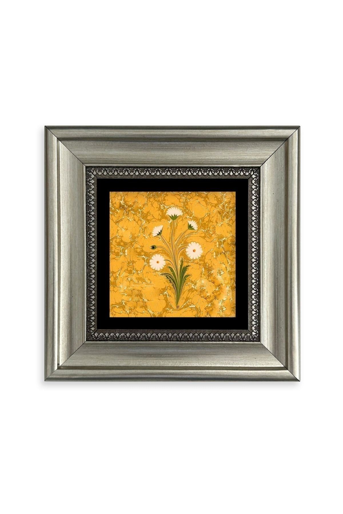 Ebru Sanatı Çiçek Çerçeveli Taş Tablo 20 cm