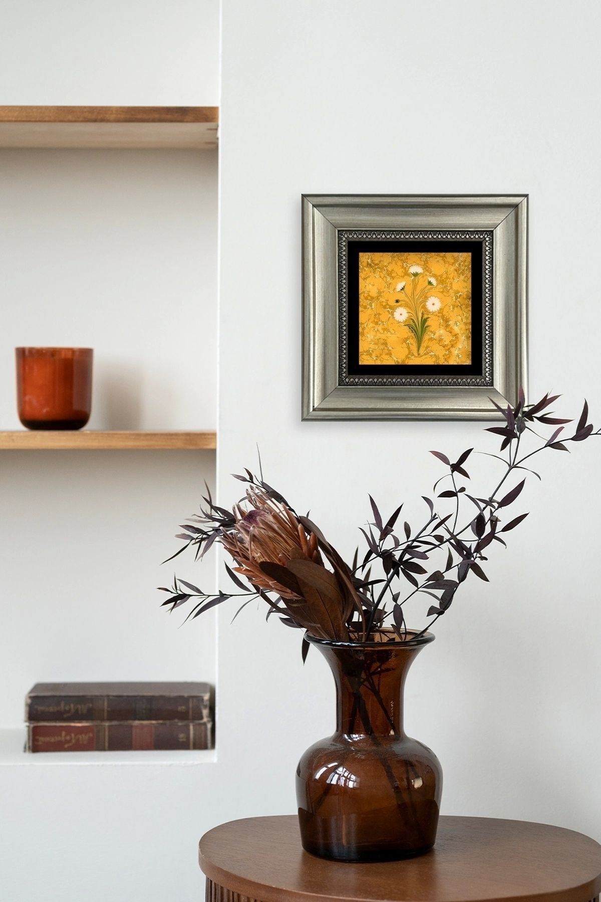 Ebru Sanatı Çiçek Çerçeveli Taş Tablo 20 cm