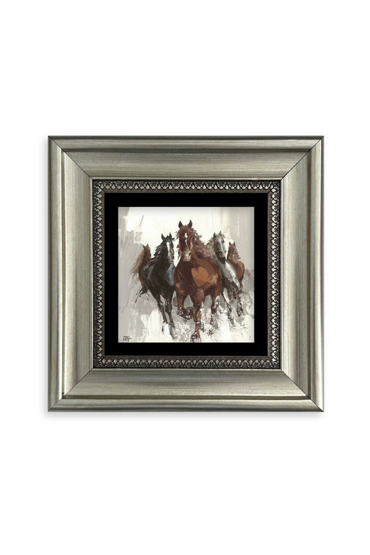 Koşan Atlar Yağlı Boya Çerçeveli Taş Tablo 20 cm