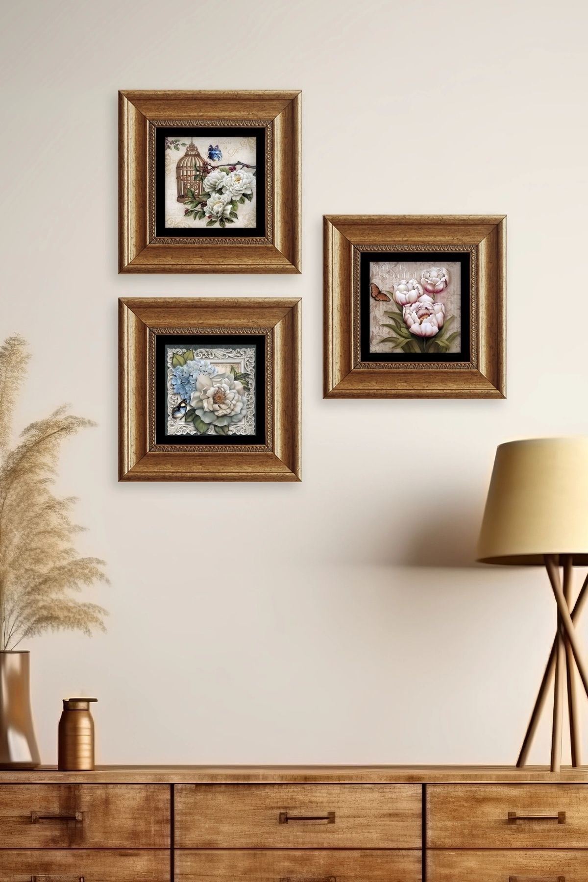 Çiçekler 3 lü Set Çerçeveli Taş Tablo 20 cm