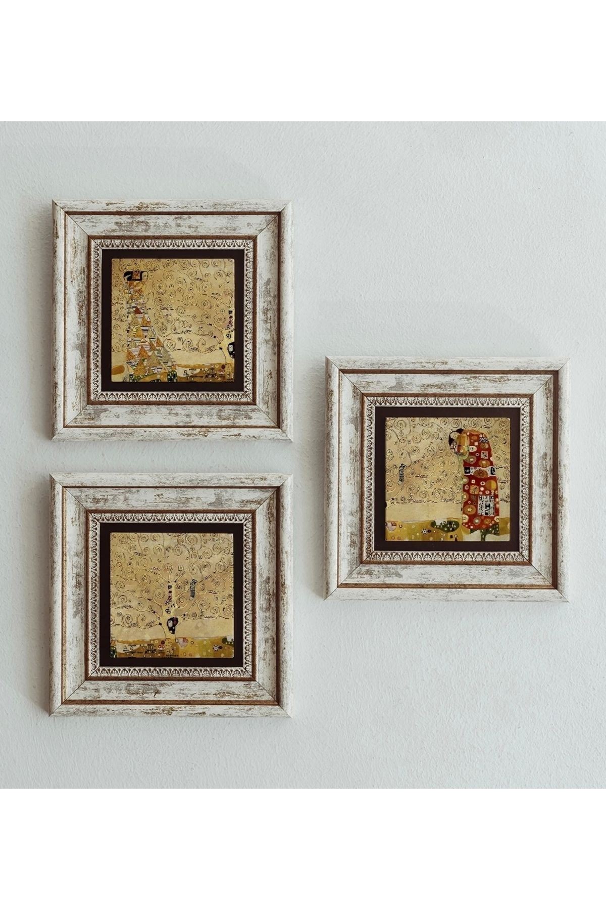 Gustav Klimt 3'lü Çerçeveli Taş Tablo , Çerçeveli Taş Duvar Dekoru 20 cm