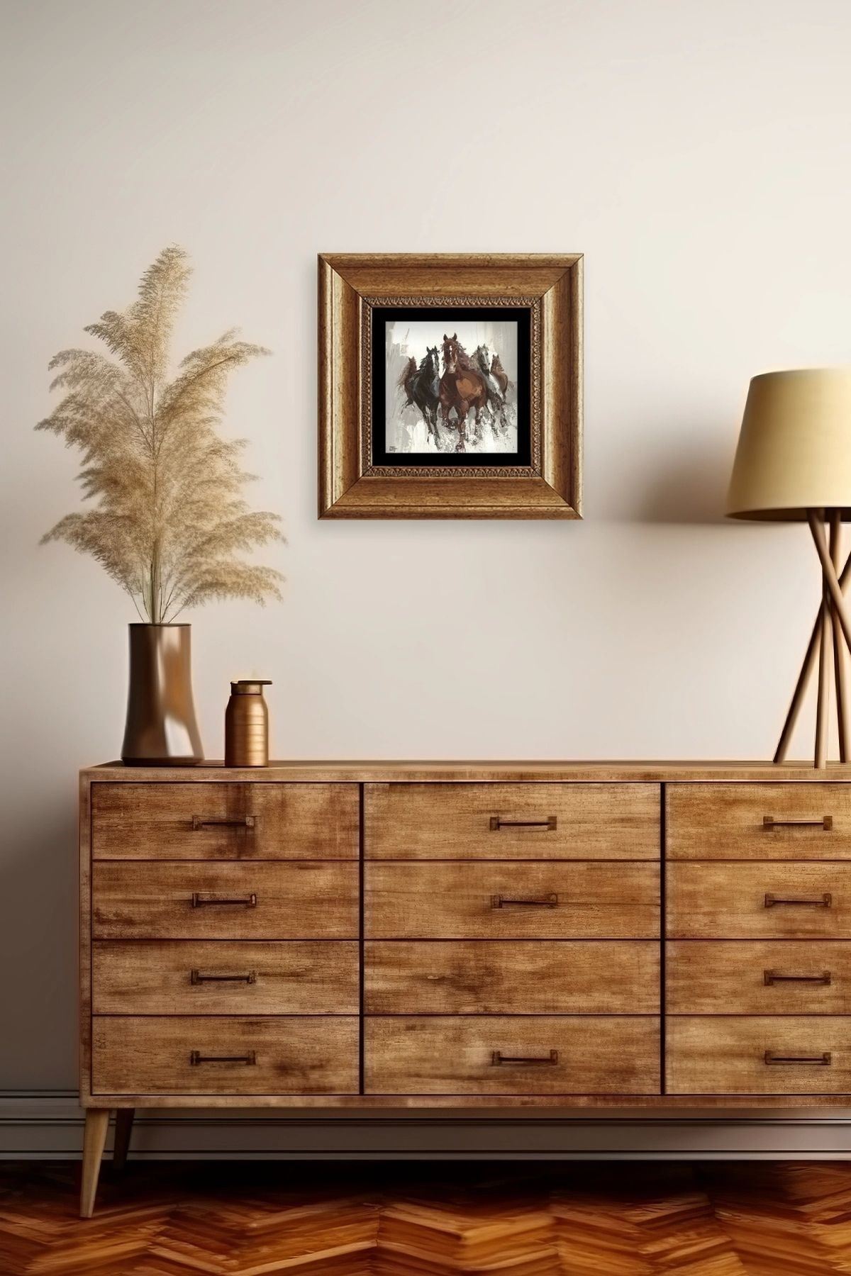 Koşan Atlar Yağlı Boya Çerçeveli Taş Tablo 20 cm