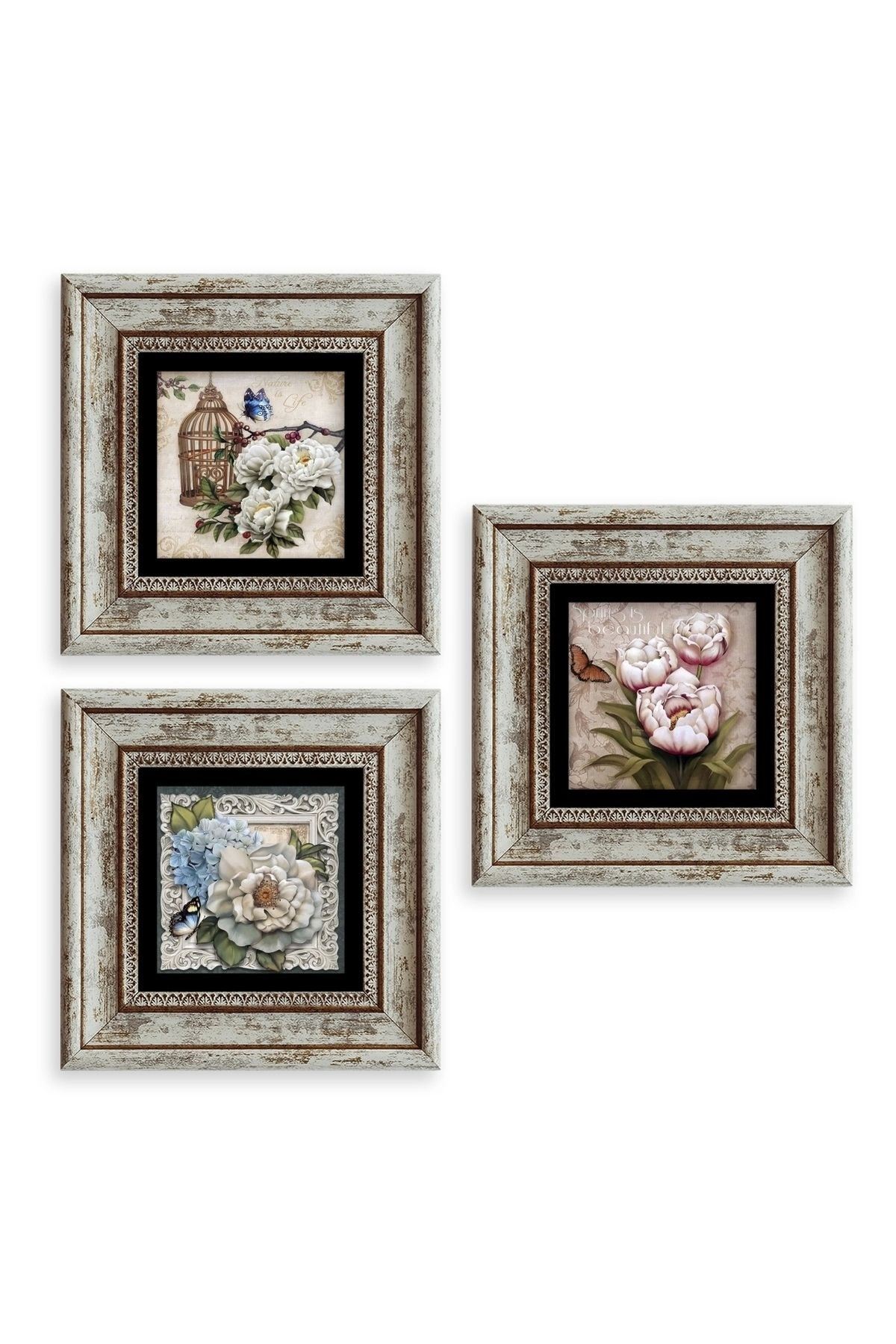 Çiçekler 3 lü Set Çerçeveli Taş Tablo 20 cm