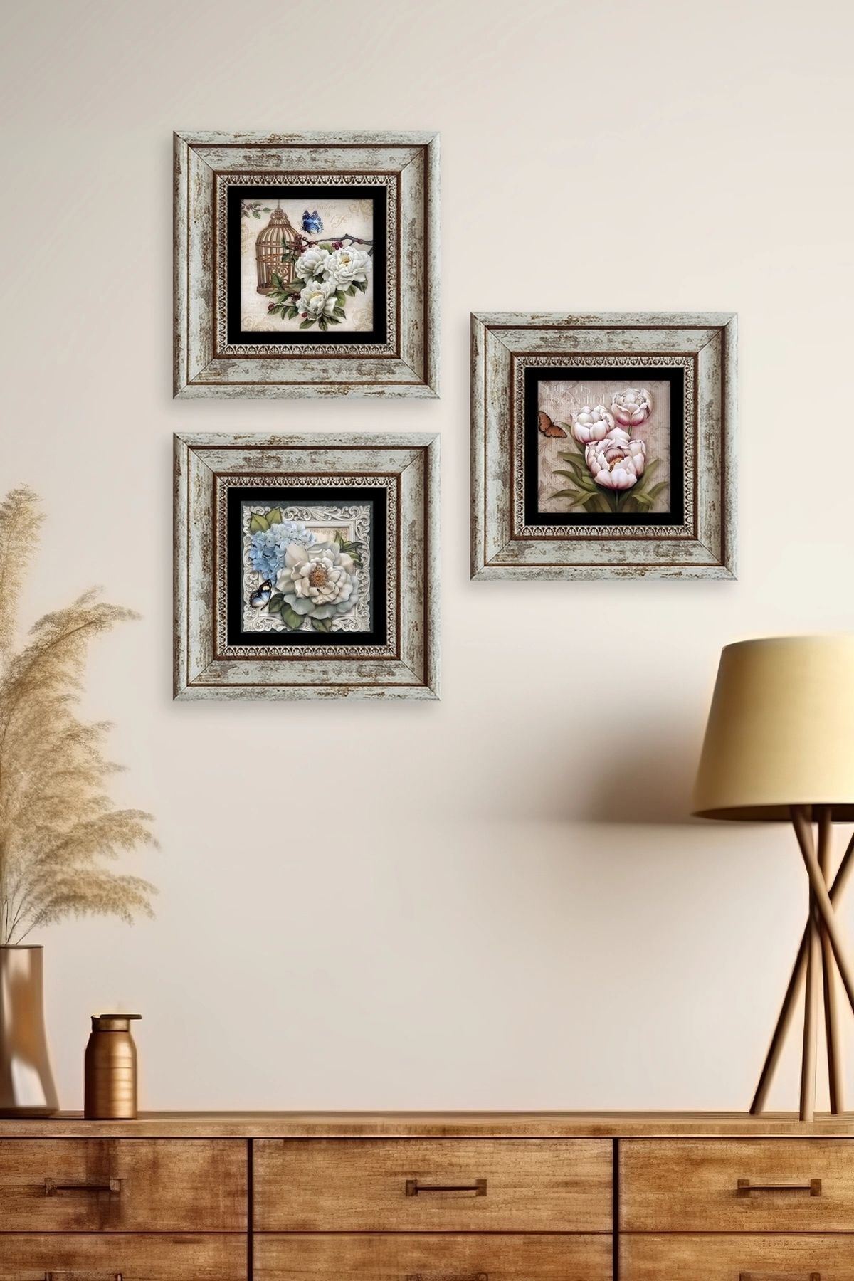 Çiçekler 3 lü Set Çerçeveli Taş Tablo 20 cm