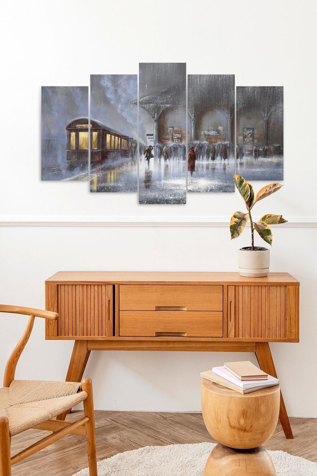 Yağmur ve Tren 5 Parçalı Mdf Tablo 60 x 100