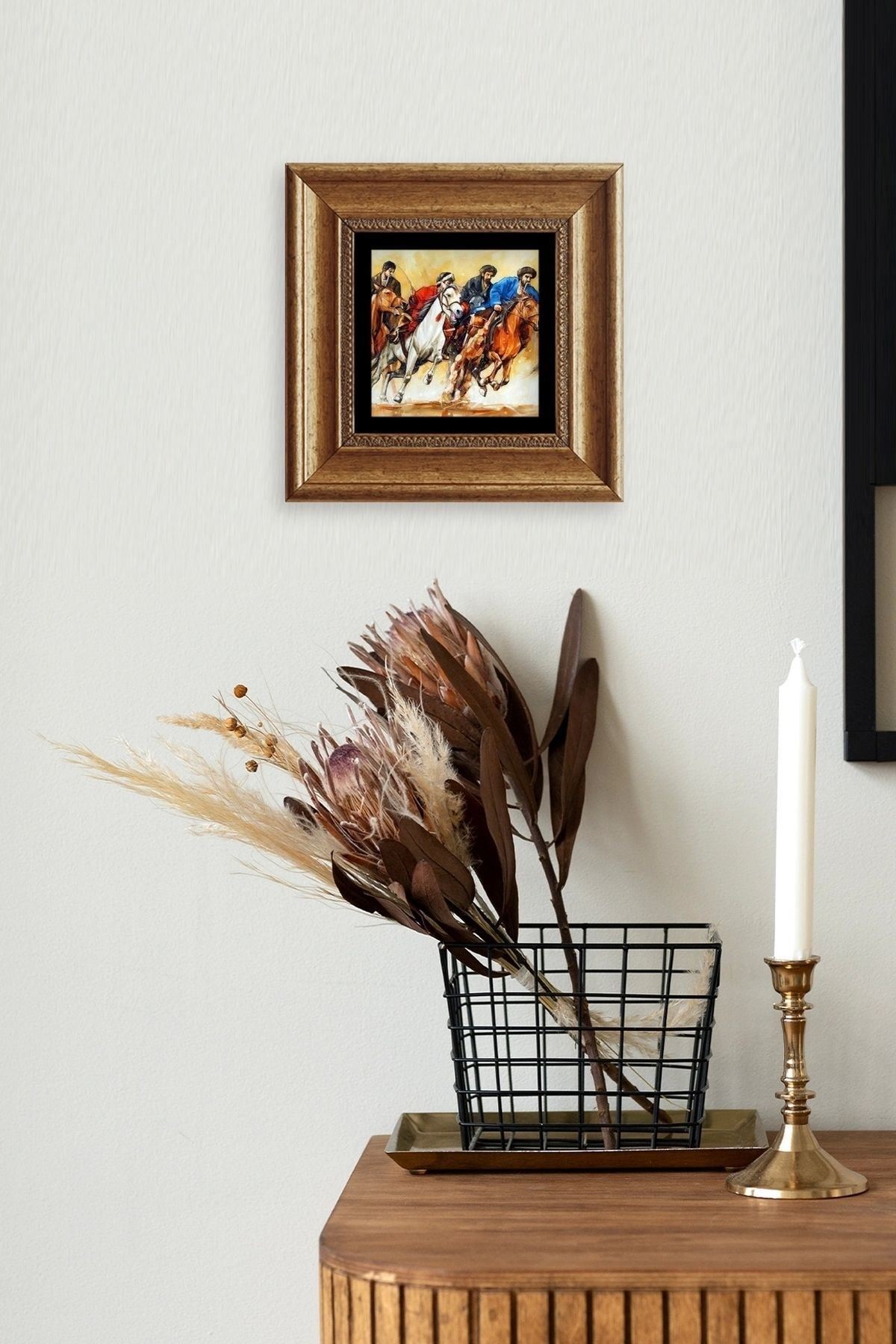 Koşan Atlar Yağlı Boya Çerçeveli Taş Tablo 20 cm