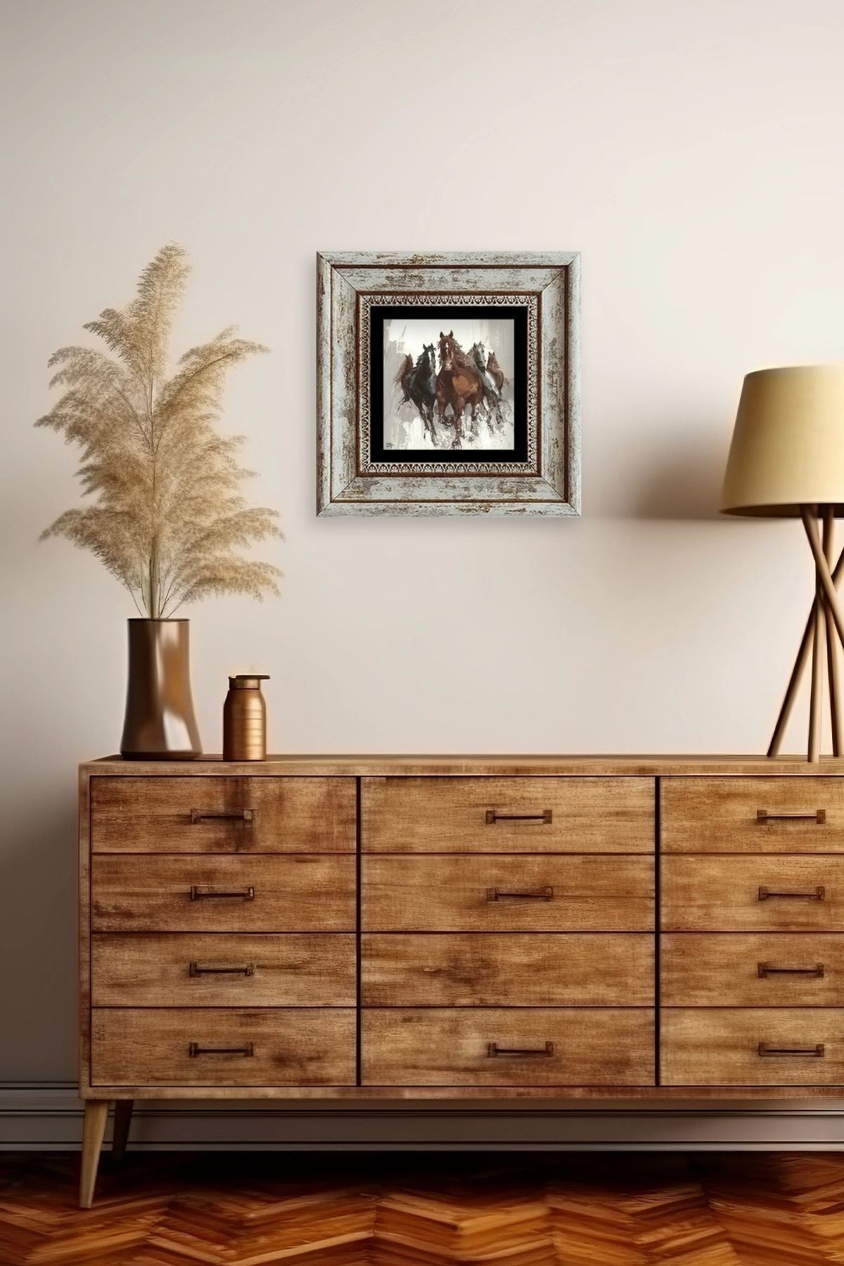 Koşan Atlar Yağlı Boya Çerçeveli Taş Tablo 20 cm