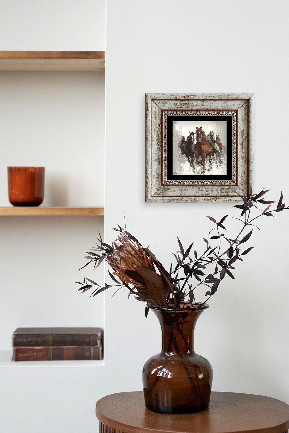 Koşan Atlar Yağlı Boya Çerçeveli Taş Tablo 20 cm