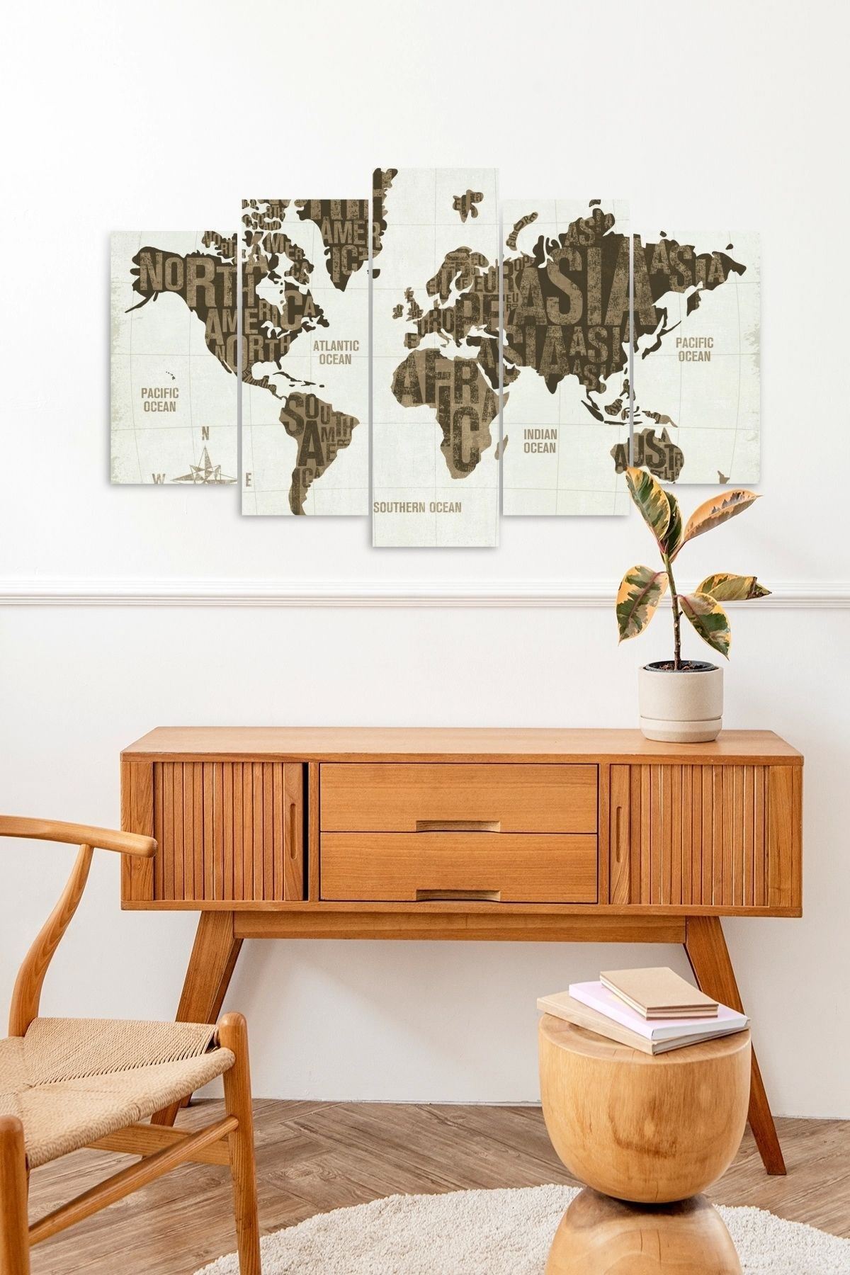 Dünya Haritası 5 Parçalı Mdf Tablo 60 x 100