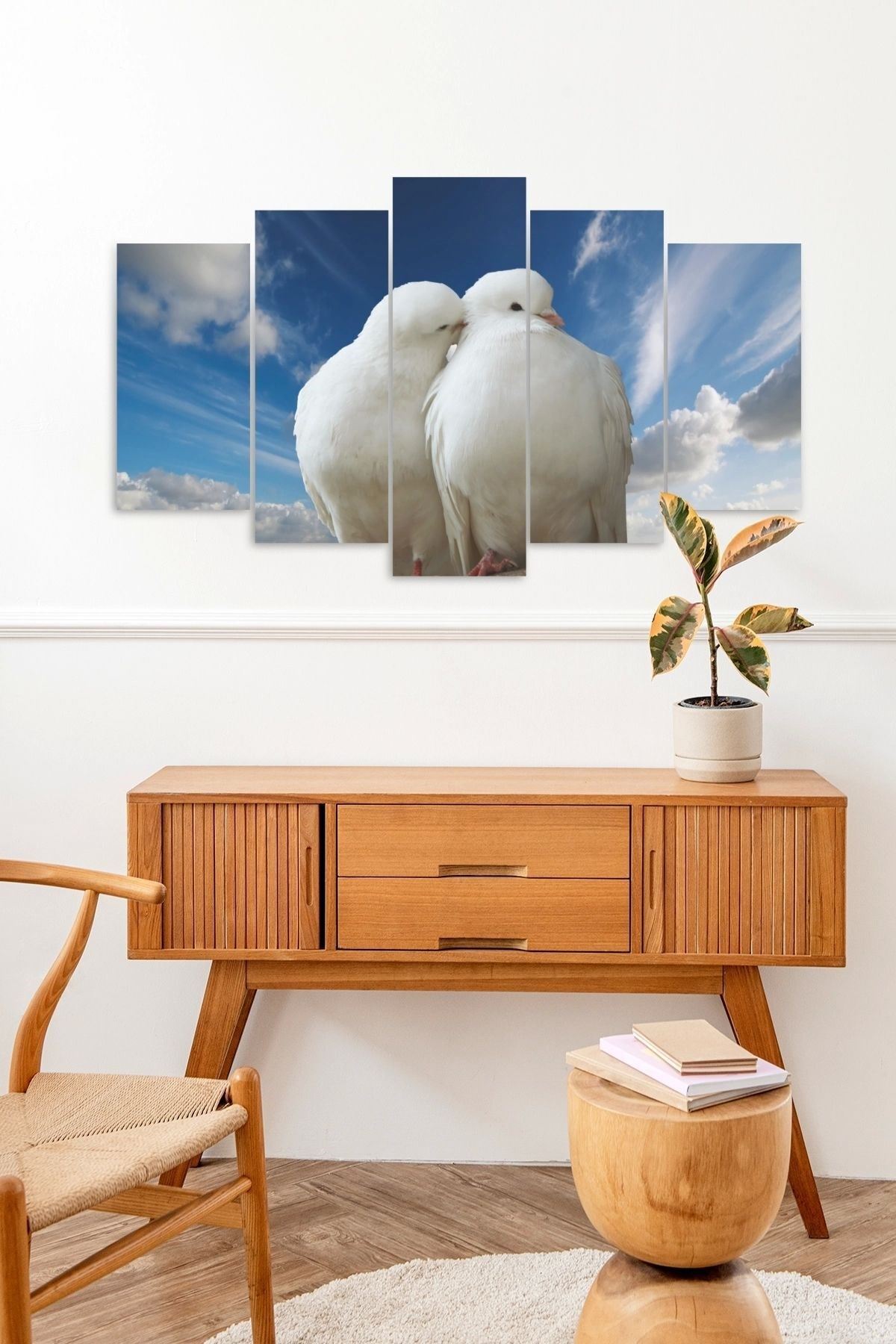 Beyaz Güvercin Aşk 5 Parçalı Mdf Tablo 60 x 100