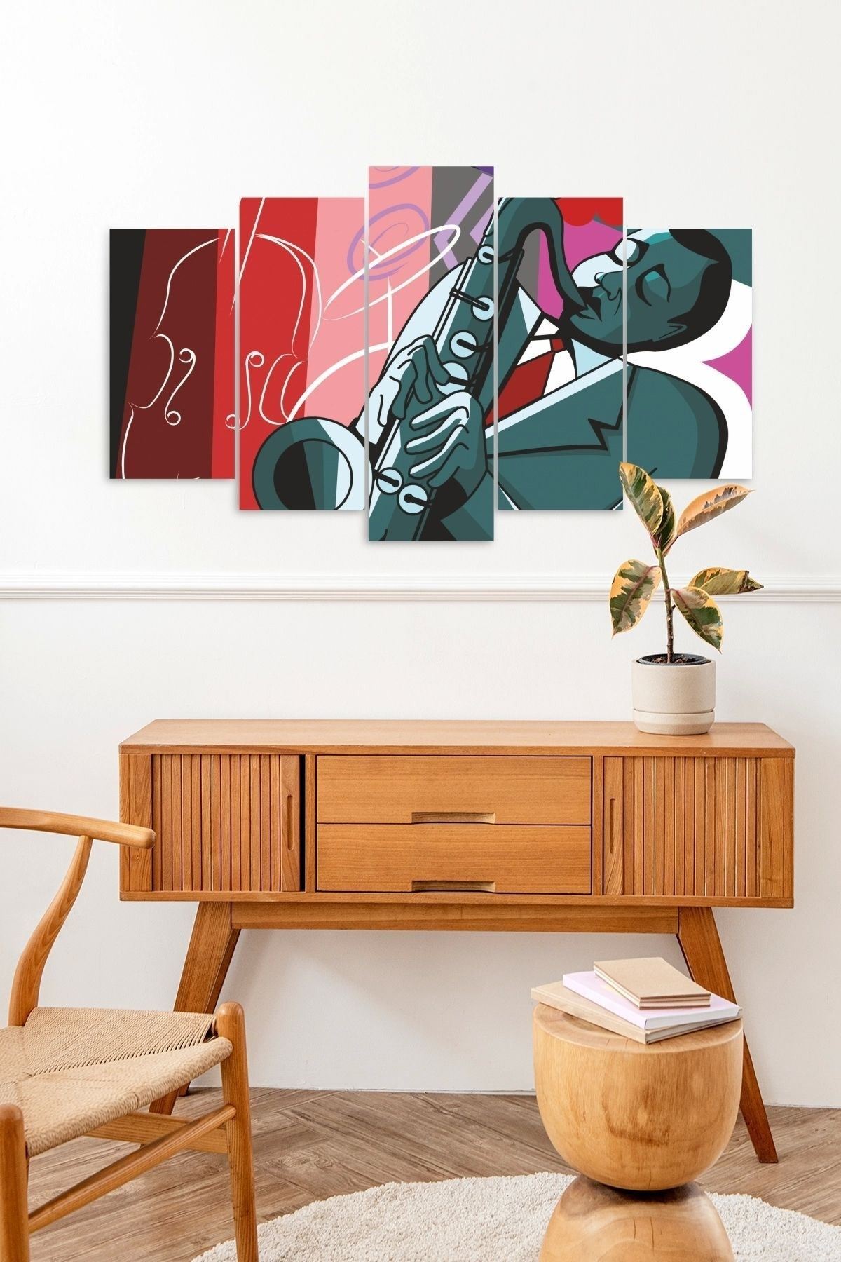 Erkek Saksafon Manzara 5 Parçalı Mdf Tablo 60 x 100