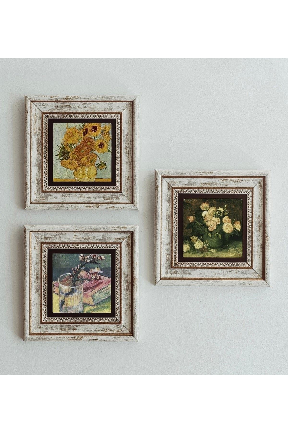 Çiçek Tasarımlı 3'lü Çerçeveli Taş Tablo , Çerçeveli Taş Duvar Dekoru 20 cm