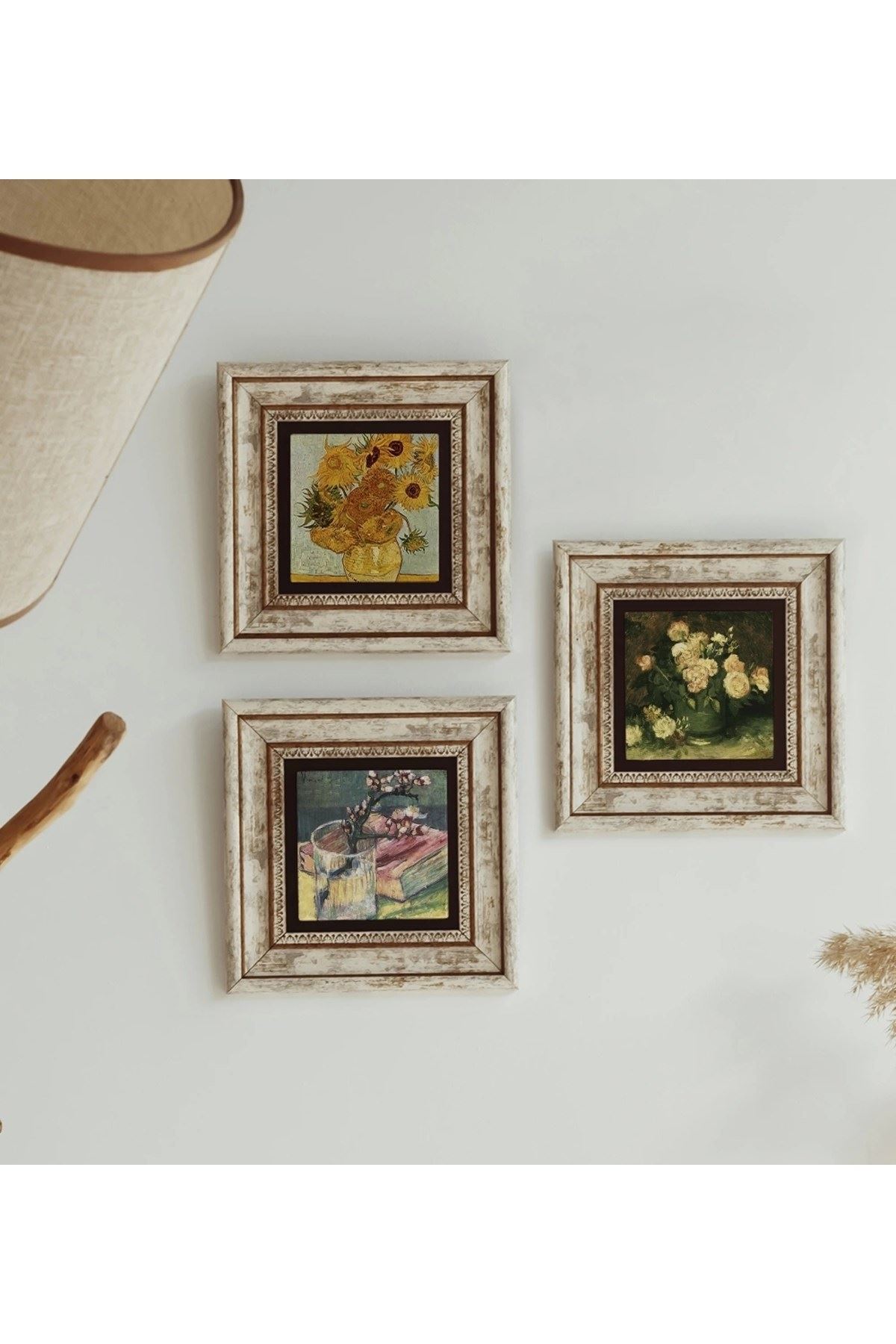 Çiçek Tasarımlı 3'lü Çerçeveli Taş Tablo , Çerçeveli Taş Duvar Dekoru 20 cm