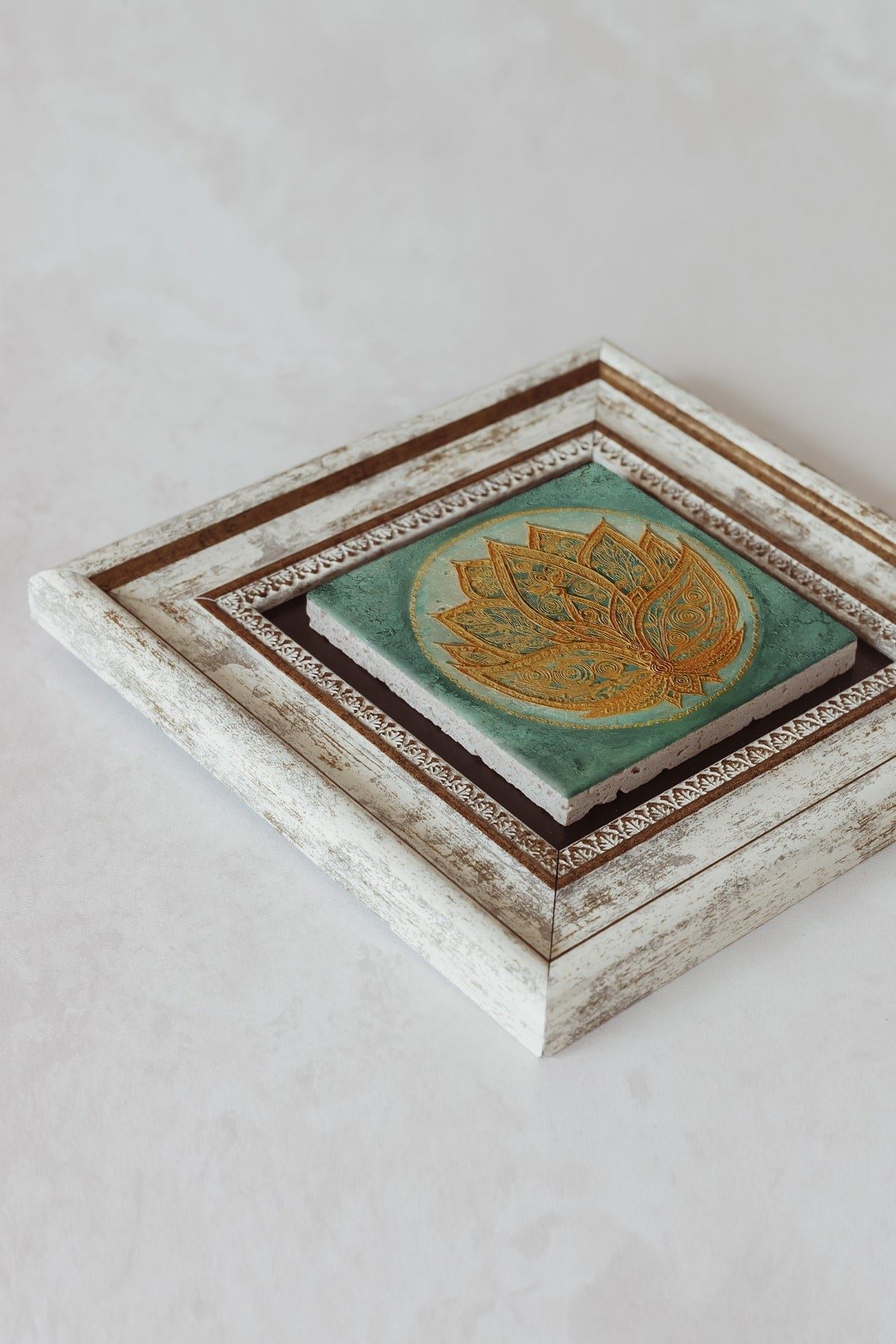 Lotus Çiçeği Çerçeveli Taş Tablo , Çerçeveli Taş Duvar Dekoru 20 cm