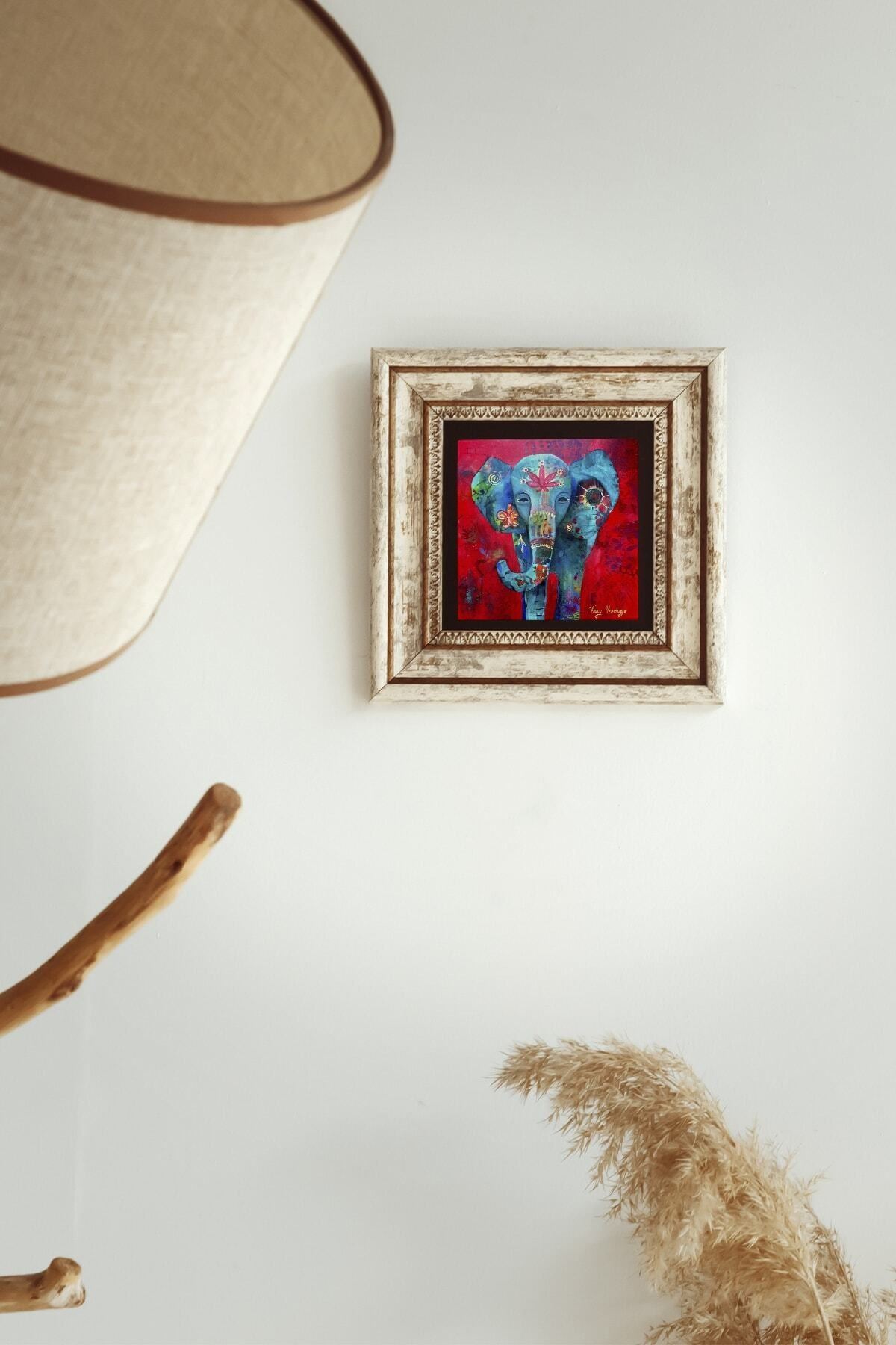 Fil Tasarımlı Çerçeveli Taş Tablo , Çerçeveli Taş Duvar Dekoru 20 cm