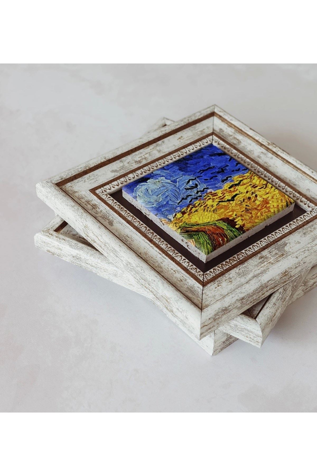 Vincent Van Gogh 3'lü Çerçeveli Taş Tablo , Çerçeveli Taş Duvar Dekoru 20 cm