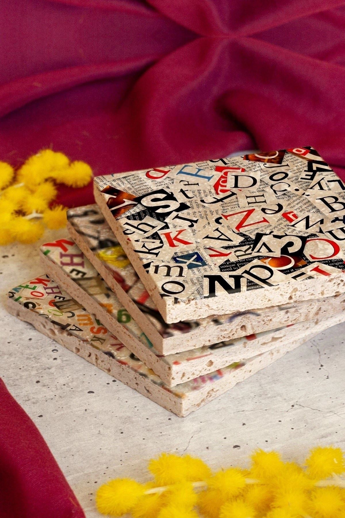 Alfabe 4'lü Taş Bardak Altlığı